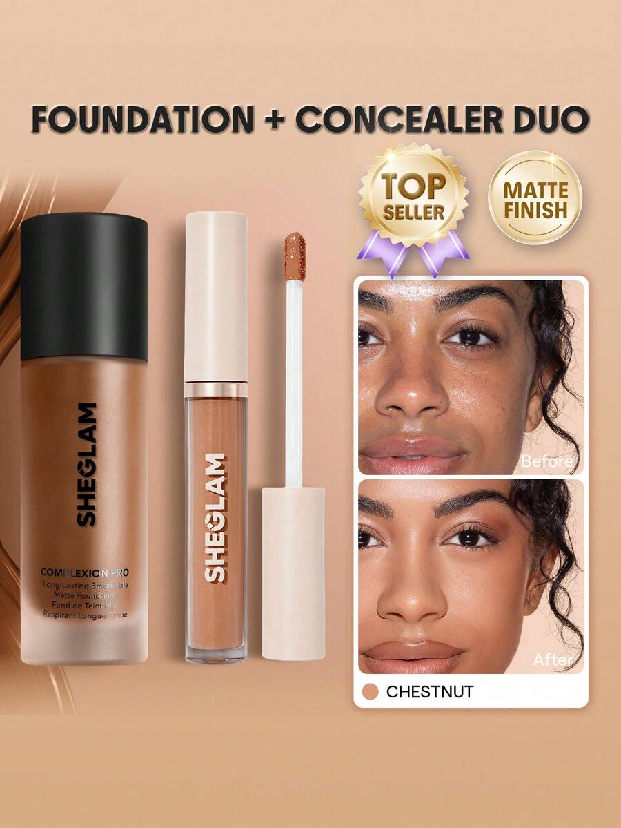 SHEGLAM [2Pcs] Complexion Pro Matte Foundation & Concealer Bundle Set - Chestnut - View 1