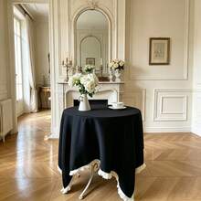 1pc Multi-Size Minimalist Artistic Black Plain Tassel Lace Tablecloth, Suitable For Wedding, Valentine's Day And Home Decor - Black - View 1