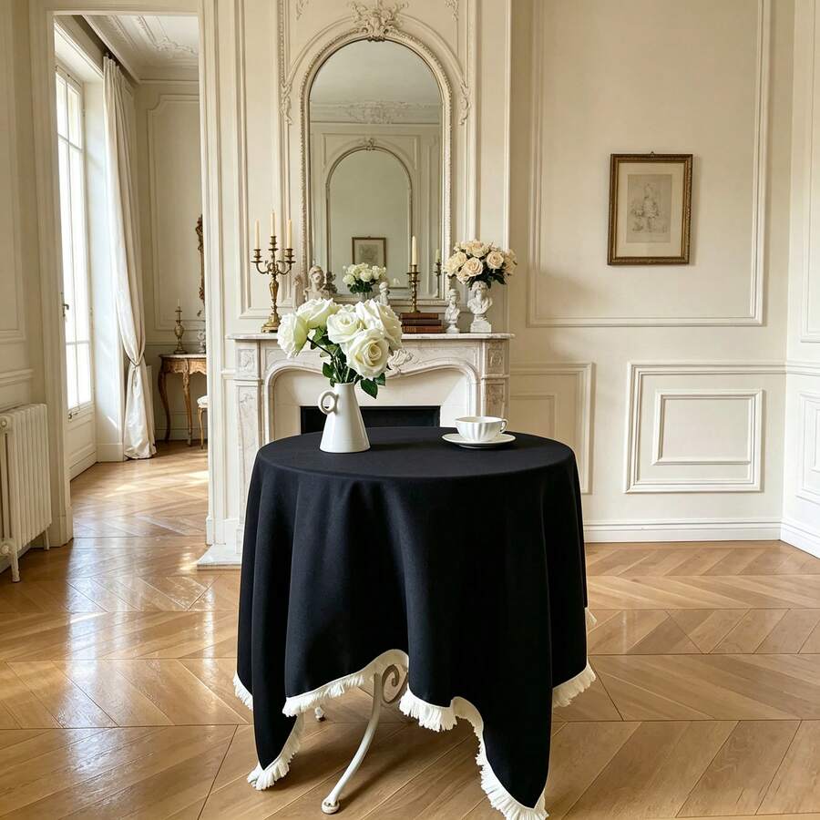 1pc Multi-Size Minimalist Artistic Black Plain Tassel Lace Tablecloth, Suitable For Wedding, Valentine's Day And Home Decor - Black - View 1