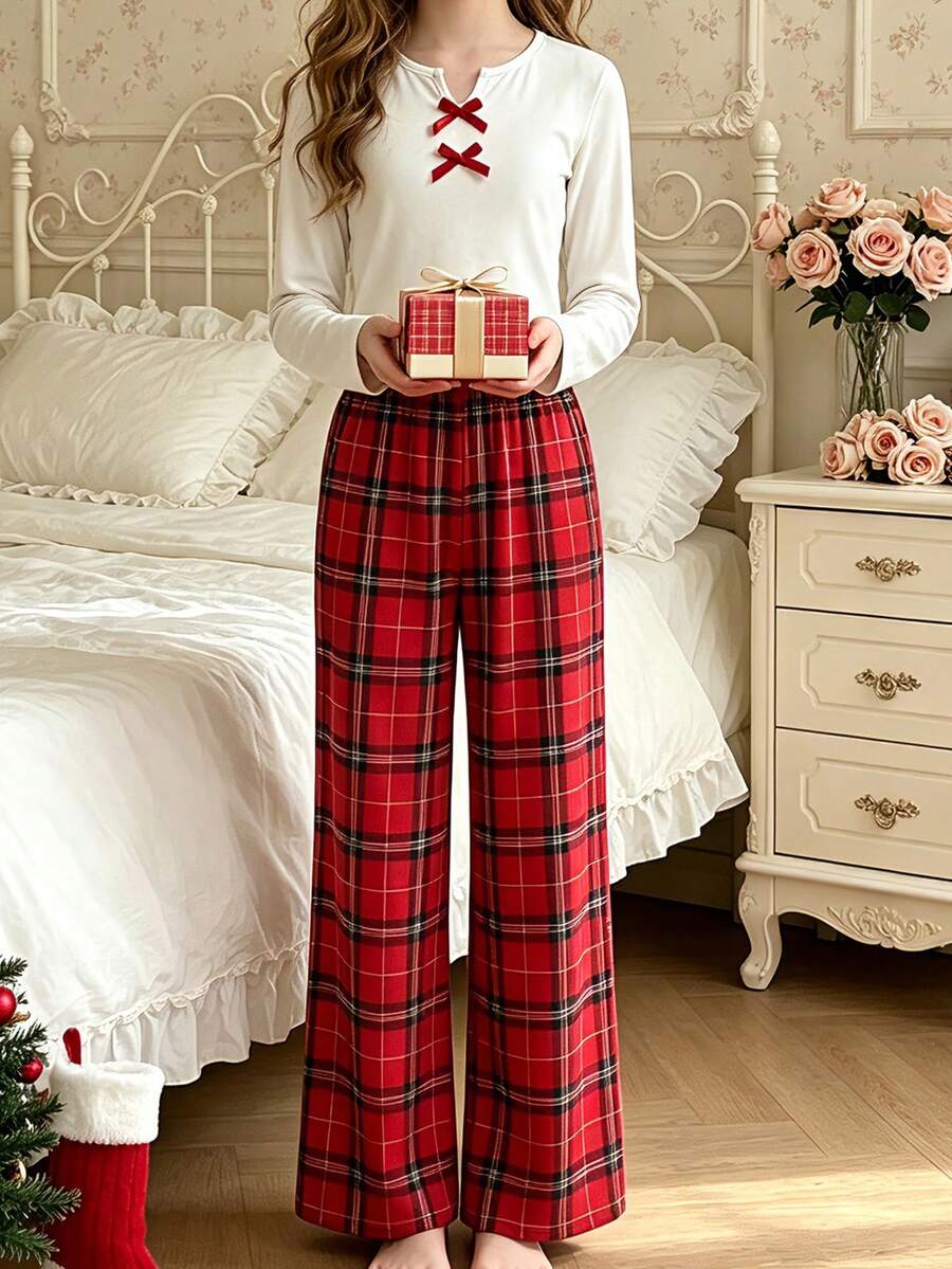 1套女童秋季簡約白色蝴蝶結長袖上衣+紅/黑格紋長褲睡衣2件套，聖誕派對聚會居家服 - 紅色 - 查看 1