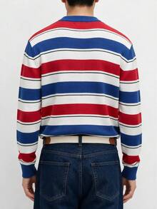 Men's Mercerized Striped Loose Drop Shoulder Crew Neck Long Sleeve Sweater - Blue - View 3