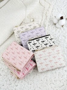Fashionable Bow Print Women's Credit Card Holder, Zipper Fold Closure With ID Window, Suitable For Outdoor And Travel - White - View 3