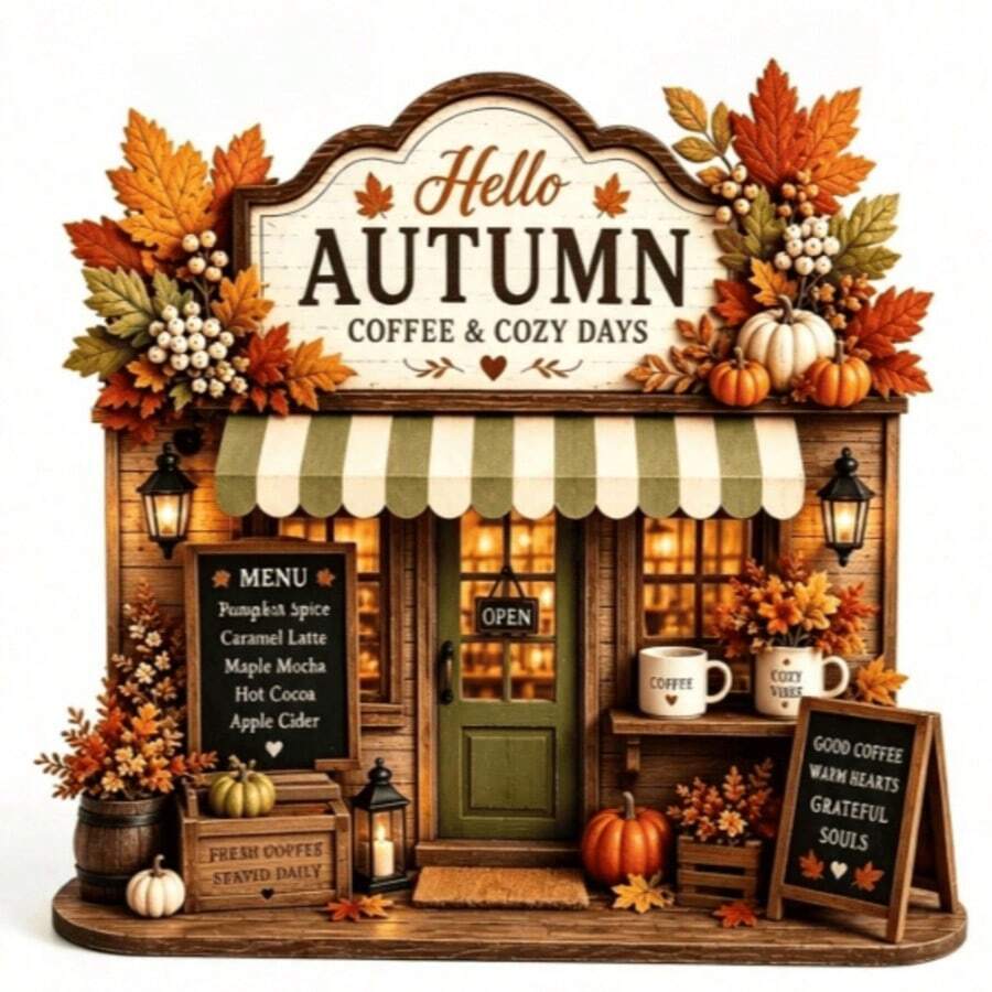 Autumn Coffee Shop Decor, 2D Flat, Autumn Farmhouse Coffee Bar Decor, Rustic Pumpkin Wooden Shop Sign, Cozy Autumn Tiered Tray Decor - Autumn Coffee House - View 1