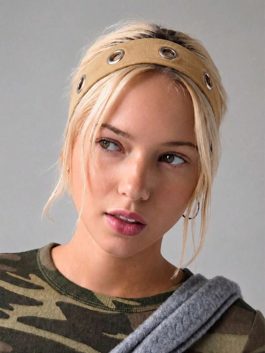 1pc Khaki Women's Y2K Punk Metal Eyelet Elastic Headband, Stretchable Fashion Hair Accessory, Autumn Hair Accessory - Khaki - View 1