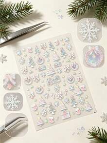 Holographic Snowflake Christmas Tree Bow Face Stickers With Tweezers, Suitable For Christmas Holiday Makeup, Party Looks, Portrait Photography Makeup, Facial Decoration Stickers - Multicolor - View 1