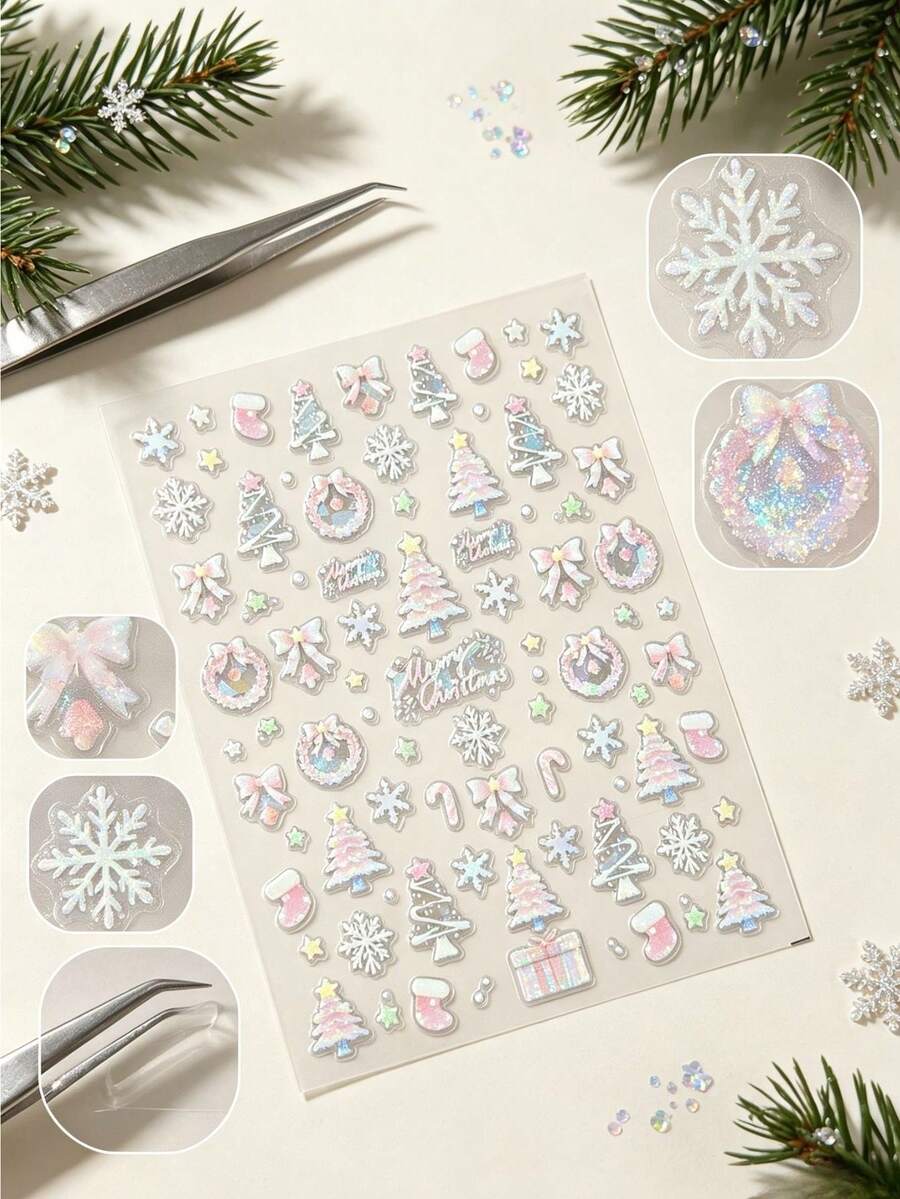 Holographic Snowflake Christmas Tree Bow Face Stickers With Tweezers, Suitable For Christmas Holiday Makeup, Party Looks, Portrait Photography Makeup, Facial Decoration Stickers - Multicolor - View 1