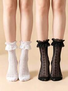 2/4 Pairs Women's Ruffle Lace Mid-Calf Socks, Heart-Shaped Mesh Hollow Lace Socks, Sweet Lolita Style Women's Socks - Multicolor - View 1