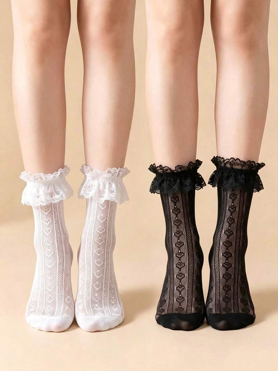 2/4 Pairs Women's Ruffle Lace Mid-Calf Socks, Heart-Shaped Mesh Hollow Lace Socks, Sweet Lolita Style Women's Socks - Multicolor - View 1