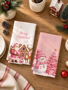 2pcs Christmas Pink Christmas Tree Snowman Santa Claus Gingerbread House Pattern Kitchen Towels, Soft Polyester Material Dish Cloths, Suitable For Kitchen Decor, Kitchen Cleaning, Holiday Party Decoration, Kitchen Bathroom Supplies Home Essentials, Home Decor, Housewarming Gift - Multicolor - View 5