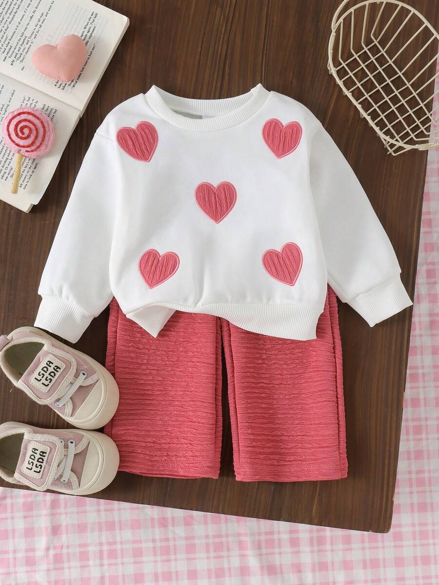 2pcs Baby Girl Sweet Casual Pink Heart Embroidered Sweatshirt & Wide Leg Pants Set, Thin Spring/Autumn - Watermelon Pink - View 1
