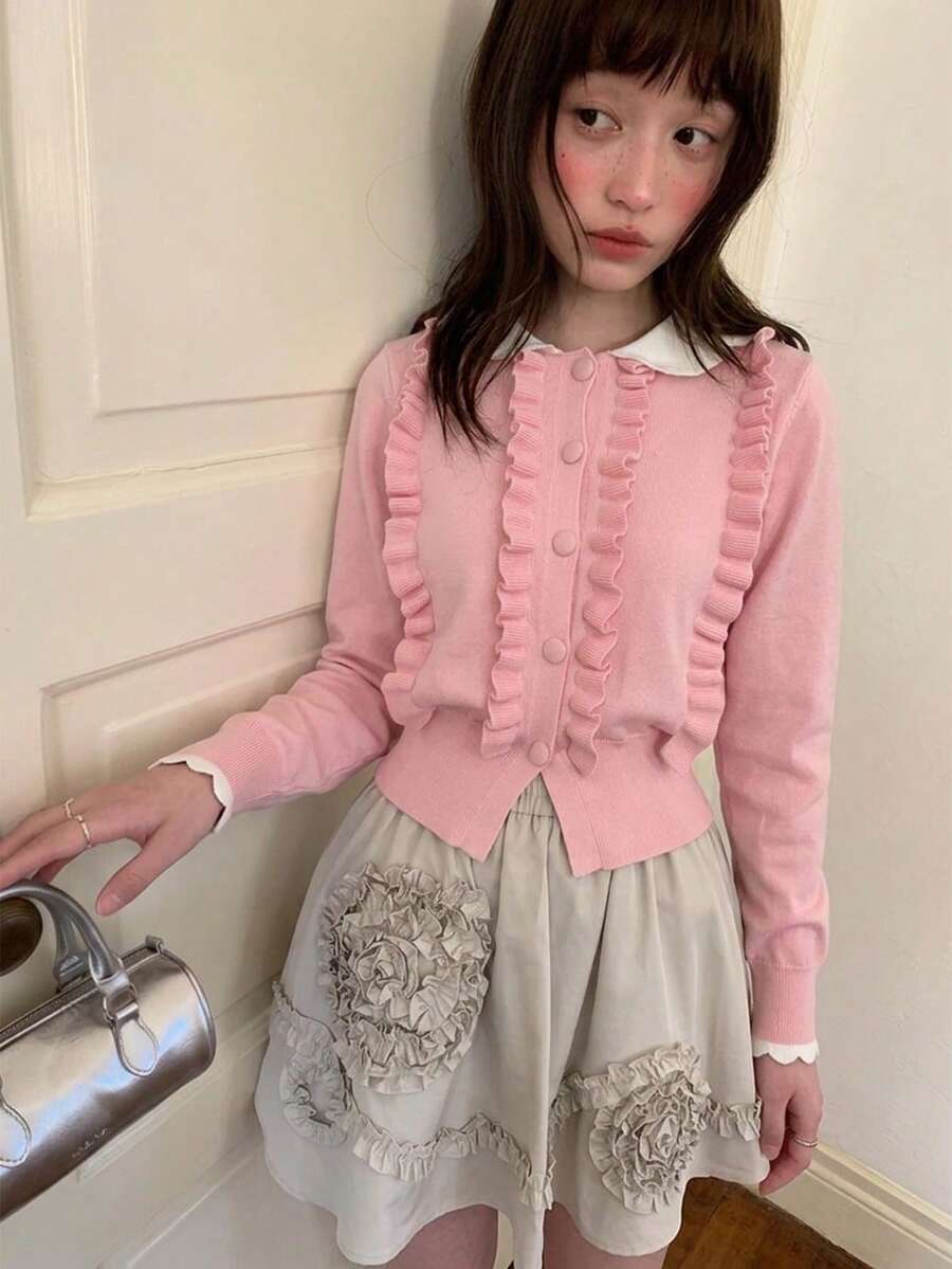 粉色彼得潘領羊毛混紡針織開襟衫,女款秋冬小眾設計短版毛衣外套 - 粉色 - 查看 1