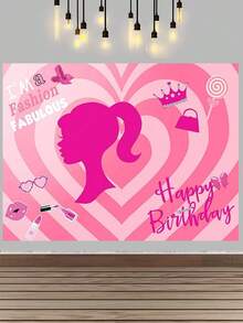 Splendor Sweet Pink Heart Fashion Theme Party Photo Background Cloth, Crown Bag Lipstick Print Background Banner, Birthday Celebration Party Supplies - Multicolor - View 1