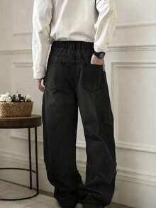 Tween Boy Wide Leg Loose Casual Versatile Elastic Waist Denim Jeans - Black - View 3