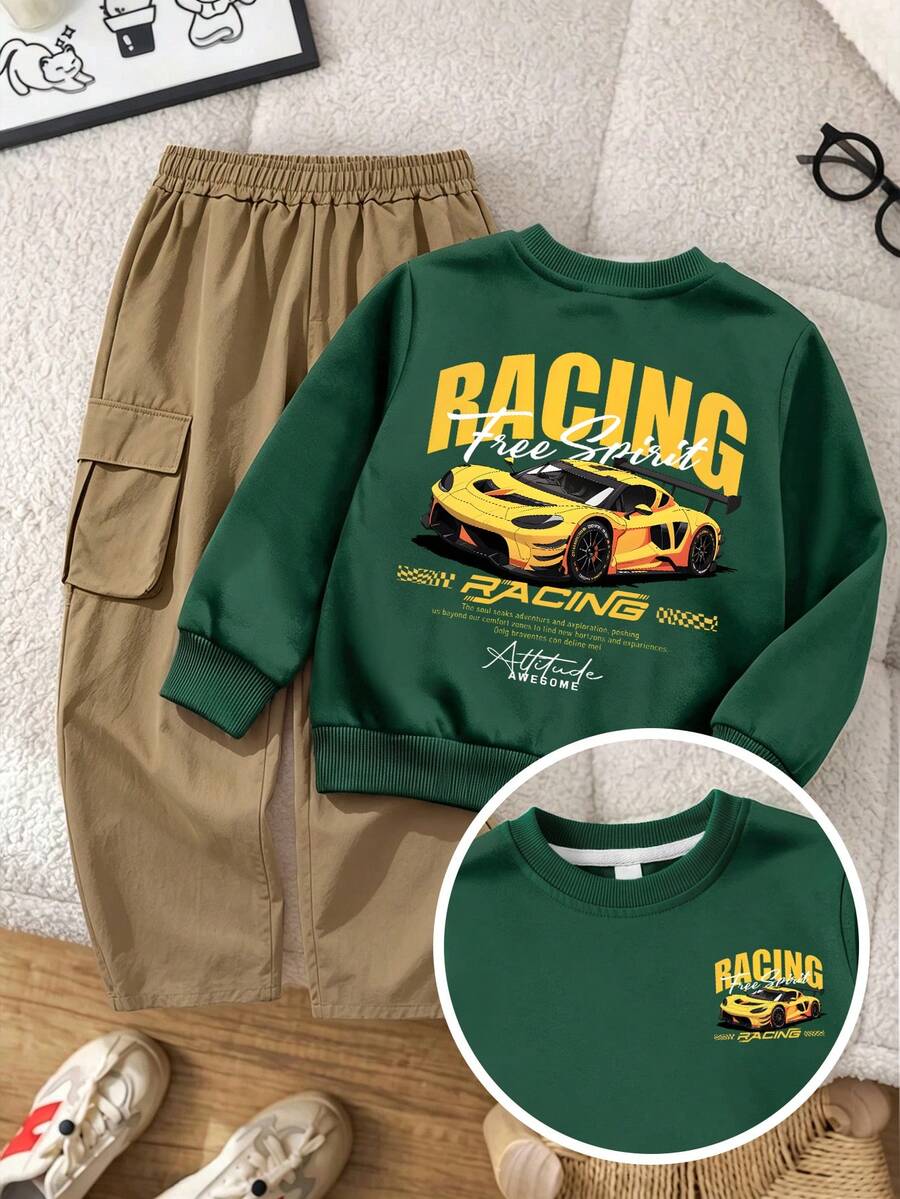 Boys Fashion Racing Print Crew Neck Sweatshirt + Cargo Pants Long Trousers, Autumn/Winter Daily 2pcs Set - Dark Green - View 1
