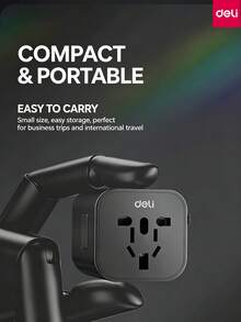 DELI LU5031 Universal Travel Adapter, 750℃ Flame-Retardant PC Shell, Multi-Plug Switchable Lock Design, Portable Power Converter For International Travel And Business Trips - Black - View 4