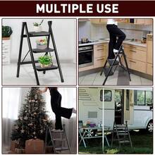 3‑Step Folding Step Ladder, Robust Carbon Steel Heavy‑Duty Step Stool, Reinforced Beams & Widened Pedals With PVC Anti‑Slip Foot Guards, Compact Easy‑Storage Ladder For Indoor Household DIY Use - Black - View 6