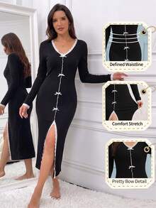 Women's Long Sleeve Ribbed Solid Color Sweet Bow Lace Trim Sexy Slit Fitted Long Dress, Fashionable Elegant Comfortable Nightgown For Spring Autumn Winter - Black - View 9