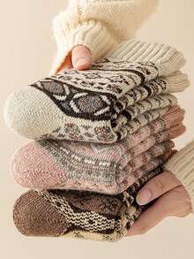 5 Pairs Women's Fair Isle Thermal Lined Thick Mid-Calf Socks, Retro Mori Style, Autumn/Winter - Multicolor - View 2