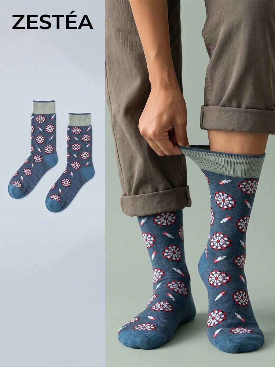 1 Pair Unisex Gray-Blue Base Dartboard And Dart Pattern Breathable Fun Mid-Calf Socks, Suitable For Daily Wear - Multicolor - View 1