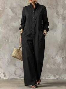 Women's Stand Collar Long Sleeve Jumpsuit, Casual Minimalist Style, Loose Wide Leg Fit, Suitable For Daily Wear And Vacation Travel. Front Button Closure, Side Pocket Design. - Black - View 1