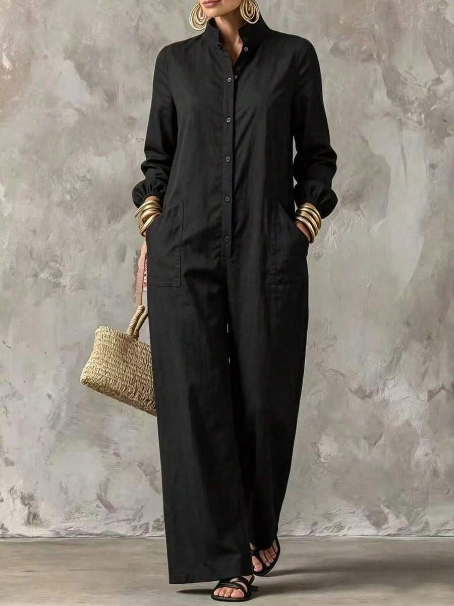 Women's Stand Collar Long Sleeve Jumpsuit, Casual Minimalist Style, Loose Wide Leg Fit, Suitable For Daily Wear And Vacation Travel. Front Button Closure, Side Pocket Design. - Black - View 1