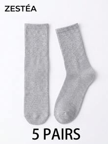 5 Pairs Unisex Light Gray Solid Color Elastic Ribbed Breathable Minimalist Mid-Calf Socks For Daily Wear - Multicolor - View 5