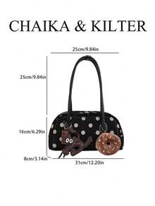 CHAIKA & KILTER 1pc Contrast Color Matte Suede Fabric Women's Vintage Fashion One Shoulder Bowling Bag, All-Over Polka Dot Pattern, Contrast Color Quilted Stitching, Dual Handle Design, Zipper Closure, Suitable For Daily And Travel Use (Includes Pendant) - Black - View 3