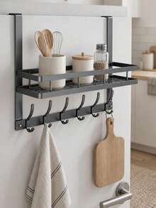 Carbon Steel Over Door Storage Rack With Hooks, Fits Bath Towels, Shampoo Bottles, Bath Loofahs And Cleaning Supplies. Perfect For Home Bathroom, Keeps Toiletries Well‑Arranged For Tidy‑Looking Bathing Area. - Multicolor - View 10