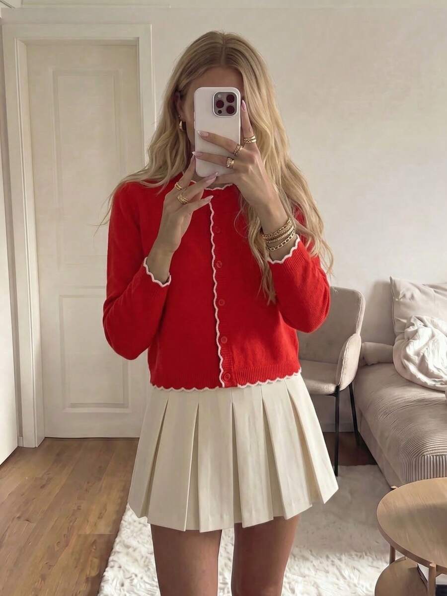 Women's Autumn Fashion Red Long-Sleeved Short Knitted Cardigan, With Color-Matching Lacework Design, Sweet Top, Suitable For Daily And School Wear. - Red - View 1