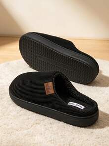 Multi-Color Unisex Fleece-Lined Slippers For Autumn/Winter, Solid Color Warm Plush Lining Home Slippers, Comfortable Sole, Slip-On Slouchy Person Home Essential, Minimalist Striped Solid Color Indoor Non-Slip Thick Sole Warm Slippers - Black - View 2
