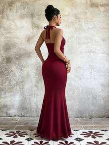 Autumn Solid Color Halter Neck Slim Fit V-Neck Dress, Elegant Women's Dress For Party And Date - Burgundy - View 7