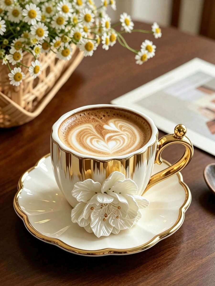 6 Sets/1 Set 90ml Ceramic Coffee/Tea Cups/Mugs With 3D Floral Design, With Tray, Perfect For Afternoon Tea; Suitable For Espresso; Ideal For Restaurant, Kitchen, Afternoon Tea, Outdoor Activities, Office And Back To School Season; Also Great Gift For Mother's Day, Graduation, Teacher's Day, Father's Day And Valentine's Day. - Multicolor - View 1