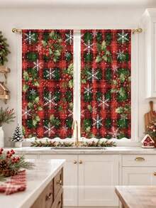 2Pcs Christmas Holiday Curtains, Vintage Red & Green Plaid Holly Snowflake Print Pattern Curtains, Semi-Blackout Rod Pocket Holiday Window Decor, Suitable For Living Room And Bedroom, Rod Not Included - Multicolor - View 9