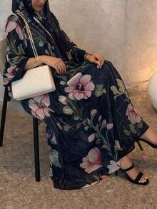 Women's Floral Print Abaya Set, Long Flare Sleeve Dress With Headscarf - Multicolor - View 3