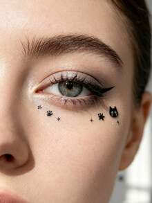 Black & Silver Cat Themed Face Decoration Stickers With Tweezers, Diverse Silhouette Pattern Decals, Clean Lines With Textured Finish, Suitable For Party Makeup, Stage Face Decoration, Music Festival And Other Face Decor - Multicolor - View 5