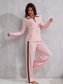 Women's Spring Autumn Winter Pajama Set, Contrast Color Ribbed Knit Fashion Lace Trim Minimalist Half-Zip Lapel Pullover Long Sleeve Casual Pants Comfortable Loungewear 2-Piece Set - Pink - View 8