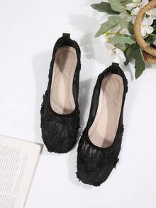Minimalist Women's Hollow Lace Ballet Flats, Square Toe Breathable Daily Commute Flat Shoes - Black - View 7