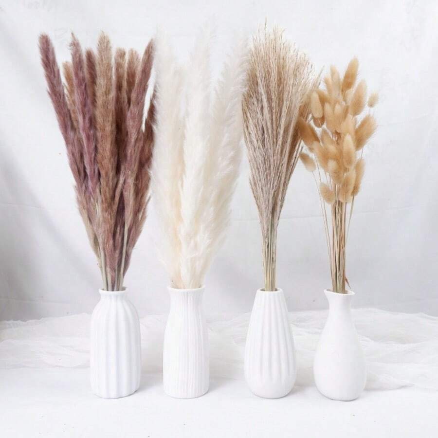 110/220/330/440pcs Dried Pampas Grass Decor Pampas Grass Contains Bunny Tails Dried Flowers, Reed Grass Bouquet For Wedding Boho Flowers Home Table Decor, Rustic Farmhouse Party (17", White And Brown) - Multicolor - View 1