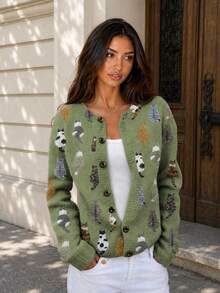 Ribbed Knit Cardigan Sweater, Elegant Long Sleeve Top, Cat Print Pattern, Loose Casual Fashion, Comfortable Autumn/Winter Clothing Fall - Green - View 2