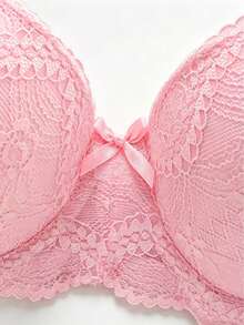 Women's Pink Floral Lace Underwire Bra, Bow Decor Push-Up Support Lingerie, Removable And Adjustable Shoulder Straps - Pink - View 6