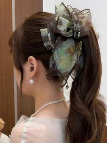 1件裝黑色優雅時尚多層蝴蝶結髮夾 女款印花網紗水晶吊墜髮飾 適合派對與日常使用 - 彩色 - 查看 5