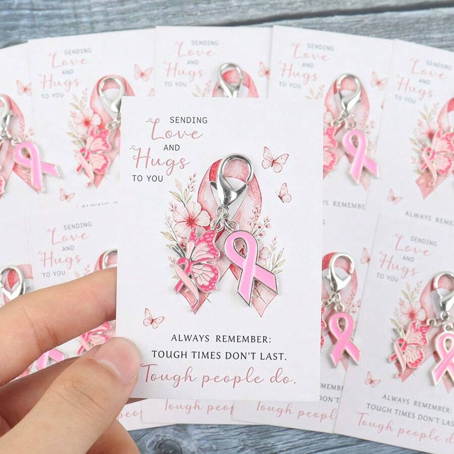 10pcs Pink Ribbon And Cherry Blossom Keychain Set, Paired With Inspiring Pink Butterfly Ribbon Motivational Greeting Cards, Positive And Encouraging Gift For Women During Breast Cancer Awareness Month, Suitable For Bags, Pendants, Keychains, October Accessories And Christmas - Multicolor - View 1