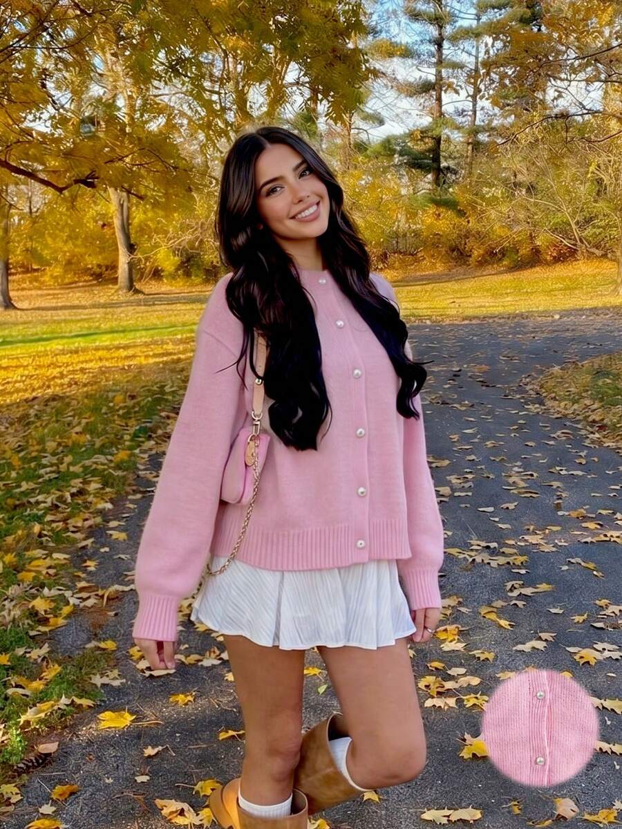 Oquette Pink Knit Cardigan For Women, Pearl Button Crew Neck Drop Shoulder Ribbed Sweater, Preppy Daily Campus Jacket For Spring Coffee Outfits - Pink - View 1