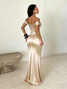 1pc Solid Color Elegant Knit Fabric High Slit To Thigh Dress For Wedding, Vacation, Autumn - Champagne - View 4