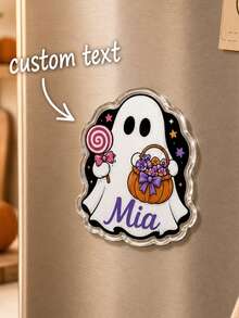 Custom Name Halloween Ghost Refrigerator Magnet, Personalized Fridge Magnet, Spooky Ghost Decor With Pumpkin, Candy And Black Cat Artwork, Refrigerator Decor For Halloween Parties, Home Decor, Halloween Gift For Kids, Friends And Ghost Lovers. - Multicolor - View 2