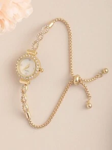 1pc Fashion Women's Bracelet Watch, Luxury Round Dial With Rhinestone Embellishment, Water Ripple Design, Alloy Quartz Watch, Perfect Gift For Girlfriend - Gold - View 3