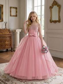 Tween Girls Round Neck Sequin Bow Organza Flower Girl Wedding Long Train Dress, Suitable For Evening Party, Headband Not Included - Dusty Pink - View 2