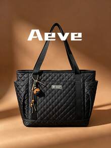 2026 Autumn/Winter New Large Capacity Padded Quilted Plaid Tote Bag, College Student Book Bag, Suitable For Shopping, Dating, Vacation, Commuting, Outdoor Travel, Mommy Bag - Black - View 2