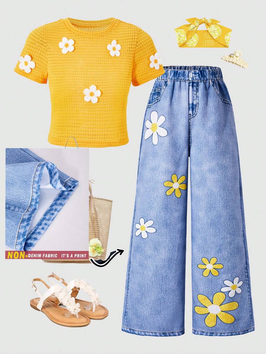2pcs/Set Girls' Summer Outfit, Made Of Yellow Waffle Knit Fabric, Round Neck Short Sleeve T-Shirt With 3D Crochet Decor, Suitable For Spring And Summer Wear - Yellow - View 1