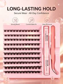 3 IN 1 Kit ,10‑18mm Mixed Length D Curl Individual Cluster Lashes Extension Kit, DIY False Eyelash Set With Bond, Seal Glue & Lash Application Tools For Daily & Party Makeup - Pink - View 4